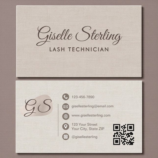 Lash Technician Beige Linen Modern Elegant QR Code Business Card (Creator Uploaded)