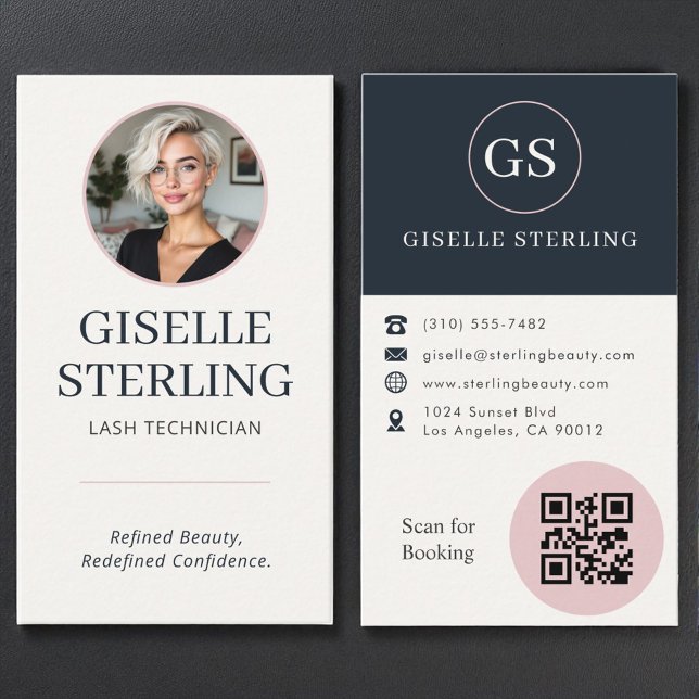 Lash Technician Blush & Navy Photo QR Code  Business Card (Creator Uploaded)