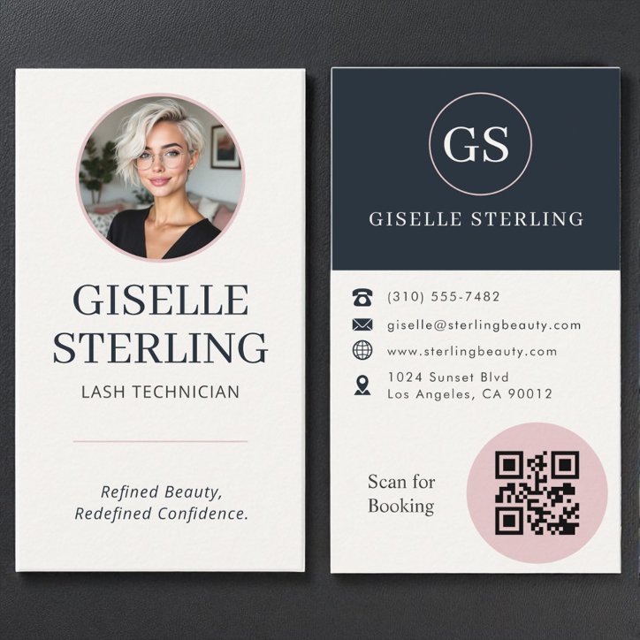 Lash Technician Blush Navy Photo QR Code Business Card