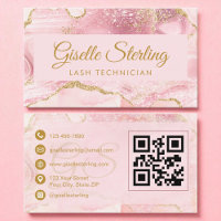 Lash Technician Blush Pink Gold Agate QR Code Business Card
