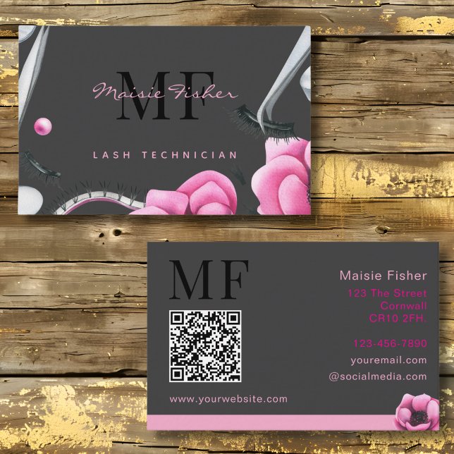 Lash Technician, Eyelash Infills QR Code Monogram  Business Card (Creator Uploaded)