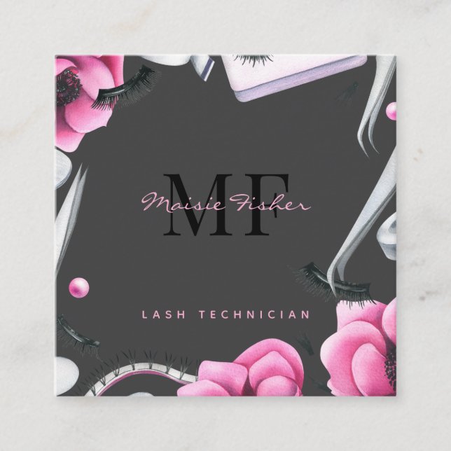 Lash Technician, Eyelash Infills QR Code Monogram  Square Business Card (Front)