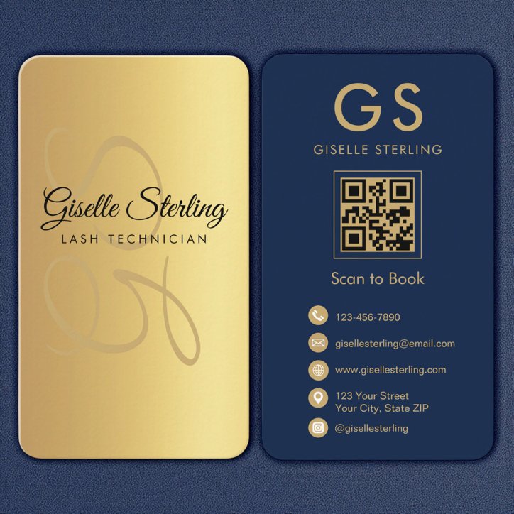 Lash Technician Gold Navy Blue QR Code Monogram Business Card