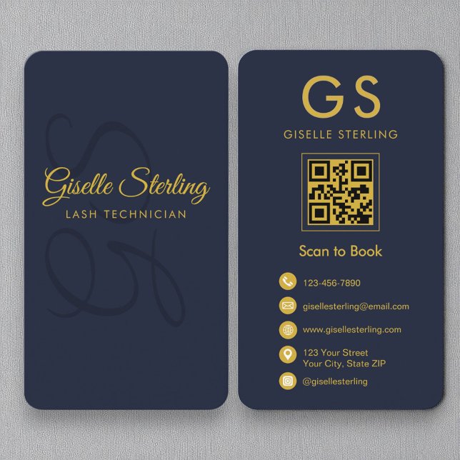 Lash Technician Monogram Navy Blue Gold QR Code Business Card (Creator Uploaded)