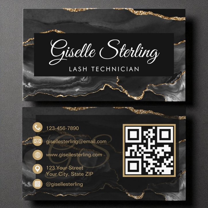 Lash Technician QR Code Black Gold Agate Luxury Business Card