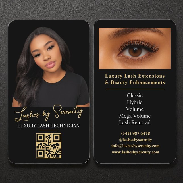 Lash Technician QR Code Black Gold Luxury Beauty Business Card (Creator Uploaded)