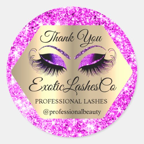 Lash Thank YOU Makeup Artist Gold Glitter Hot Pink Classic Round Sticker