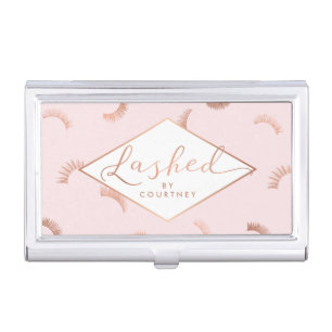Lashed Text Lashes Pattern Pink/Rose Gold Case For Business Cards