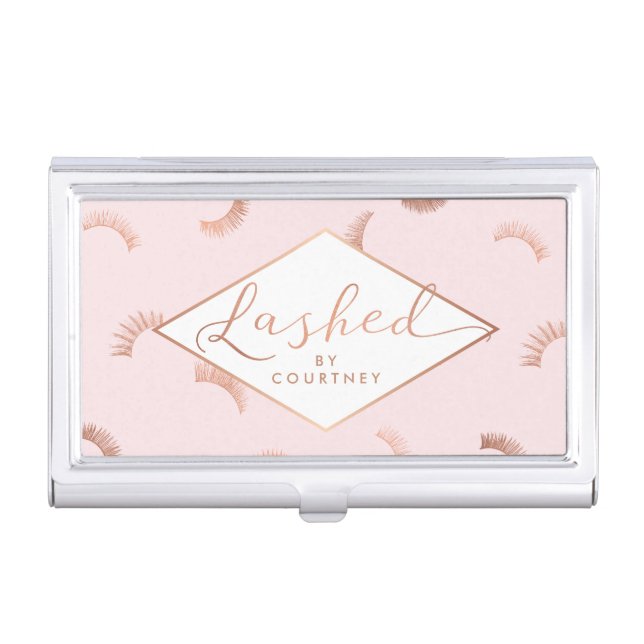 Lashed Text Lashes Pattern Pink/Rose Gold Case For Business Cards (Front)