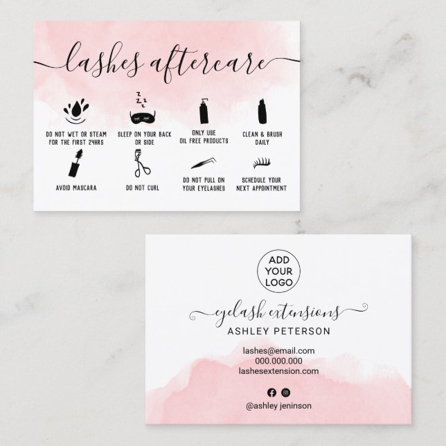 lashes aftercare illustrations pink watercolor business card (Front/Back)