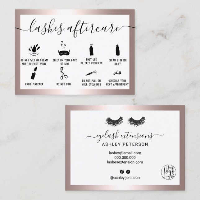 Lashes aftercare illustrations rose gold foil business card (Front/Back)