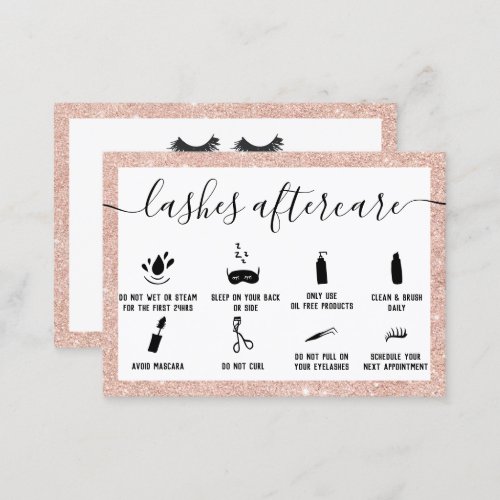 Lashes aftercare illustrations rose gold glitter business card