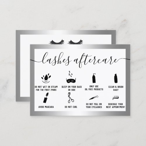 Lashes aftercare illustrations silver foil business card