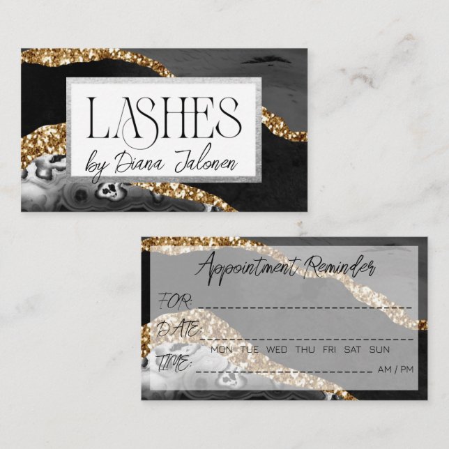 Lashes Appointment Reminder Gold Black Marble Business Card (Front/Back)