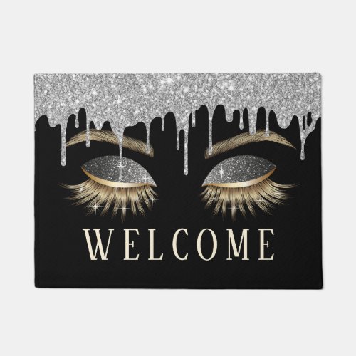 Lashes Beauty Salon Silver Drips Black Welcome Doormat