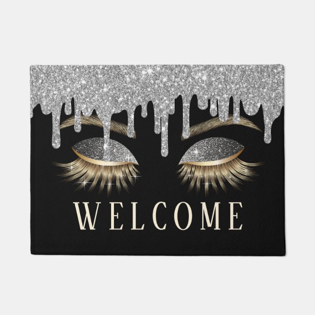 Lashes Beauty Salon Silver Drips Black Welcome Doormat (Front)
