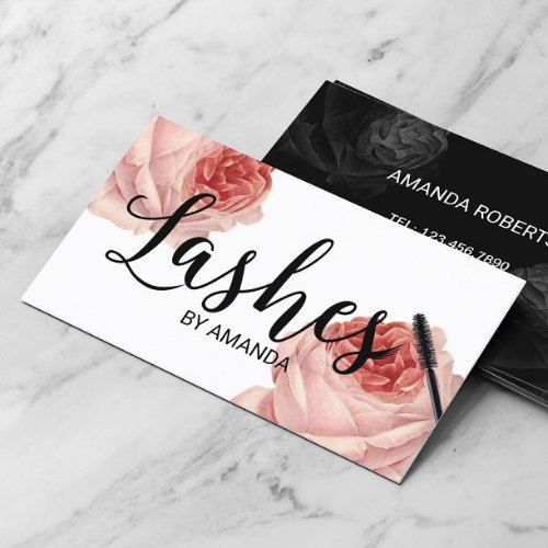 Lashes Black Script Vintage Floral Lash Extension Business Card