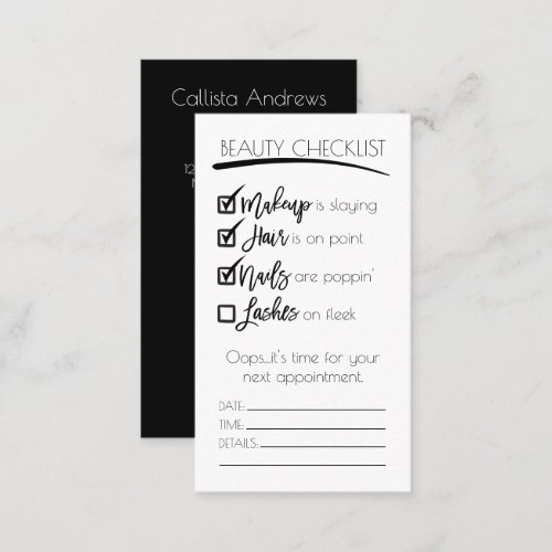 Lashes Black White Beauty Checklist Business Logo Appointment Card