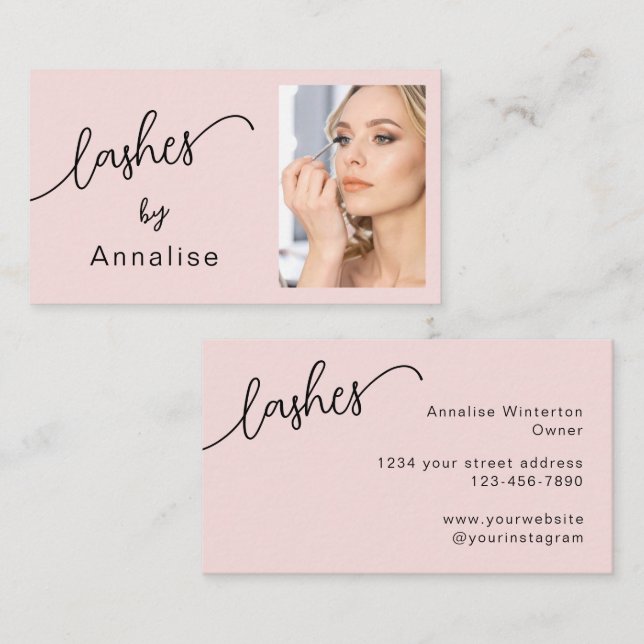 Lashes Blush Pink Black Script Photo  Business Card (Front/Back)