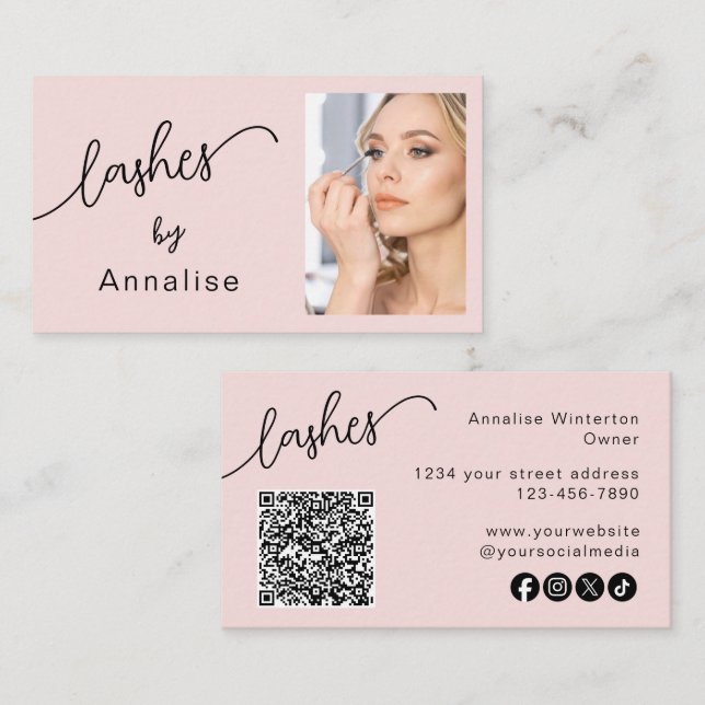 Lashes Blush Pink Script Social Icon QR Code Photo Business Card (Front/Back)