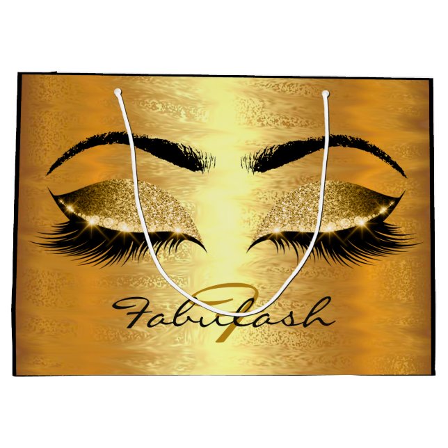 Lashes Bridal Eyes Golden Glitter Name Monogram Large Gift Bag (Back)