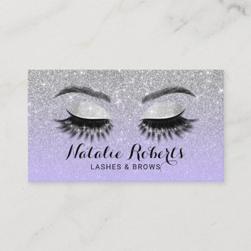 Lashes Browns Beauty Salon Purple  Silver Glitter Business Card