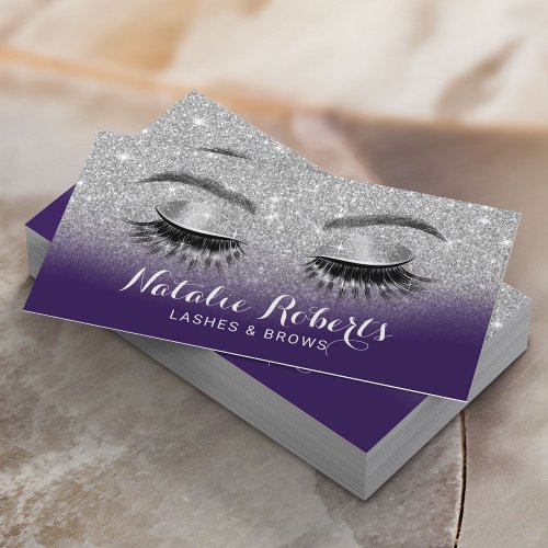 Lashes  Browns Salon Modern Purple Silver Glitter Business Card