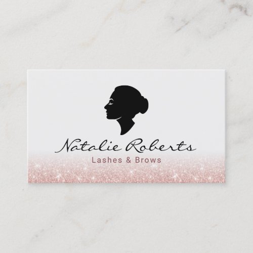 Lashes  Brows Beauty Head Logo Rose Gold Glitter Business Card