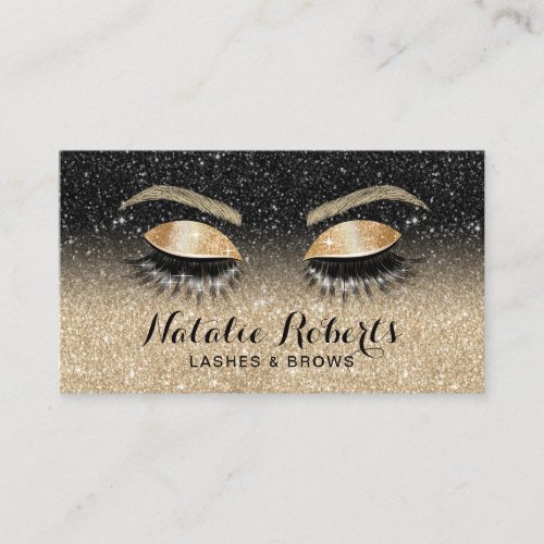 Lashes Brows Beauty Salon Black  Gold Glitter  Business Card