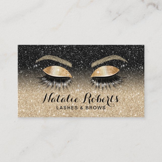 Lashes Brows Beauty Salon Black & Gold Glitter  Business Card (Front)