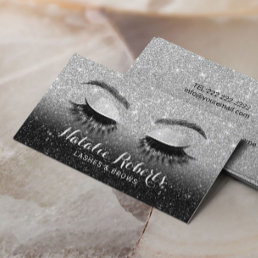 Lashes Brows Beauty Salon Black &amp; Silver Glitter Business Card
