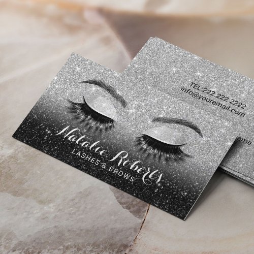 Lashes Brows Beauty Salon Black  Silver Glitter Business Card
