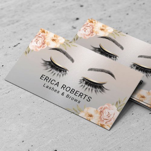 Lashes  Brows Beauty Salon Modern Silver Floral Business Card