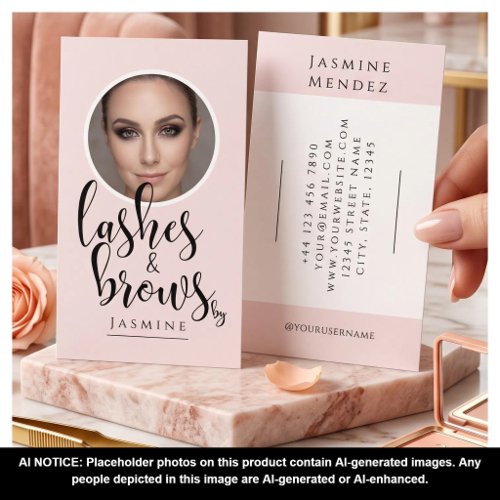Lashes & Brows Blush Pink Black Calligraphy Photo Business Card