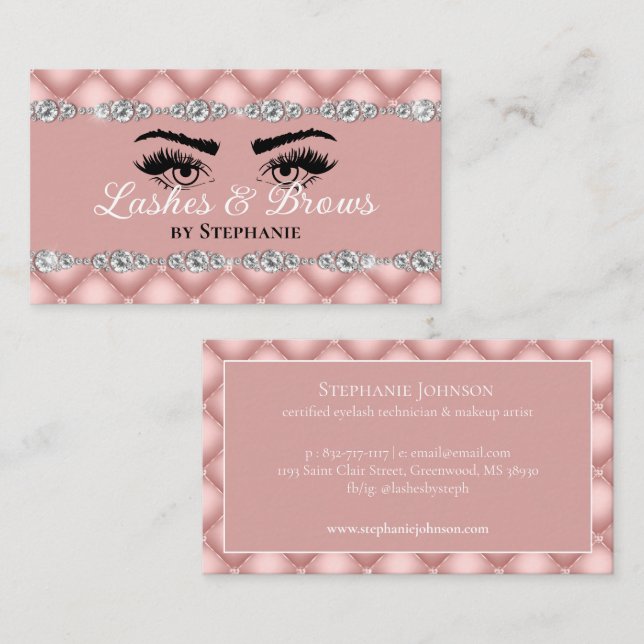 Lashes Brows Blush Pink Diamonds Tufted Glamorous Business Card (Front/Back)