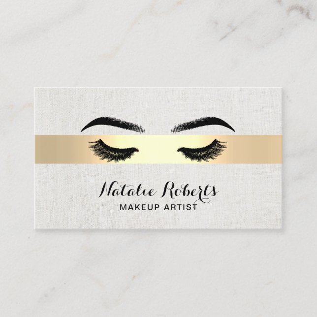 Lashes & Brows Makeup Artist Gold Striped Salon Business Card (Front)