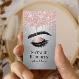 Lashes Brows Makeup Artist Rose Gold Drips Silver Business Card