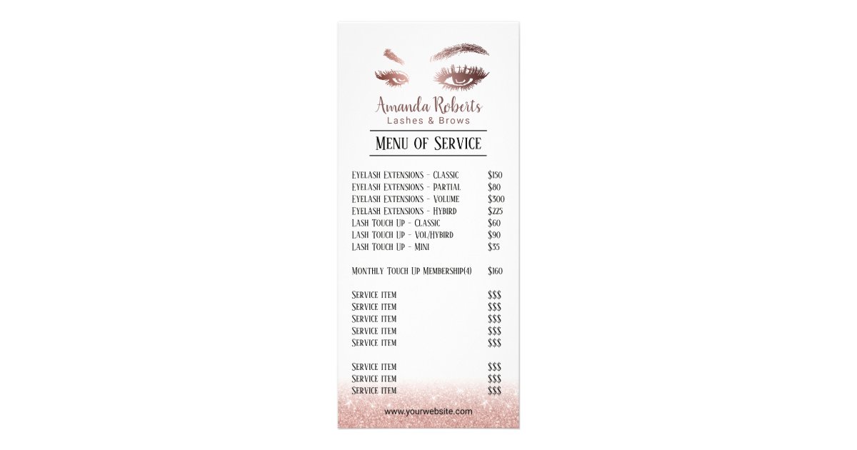 Lashes Brows Makeup Artist Rose Gold Price List Rack Card Zazzle Com