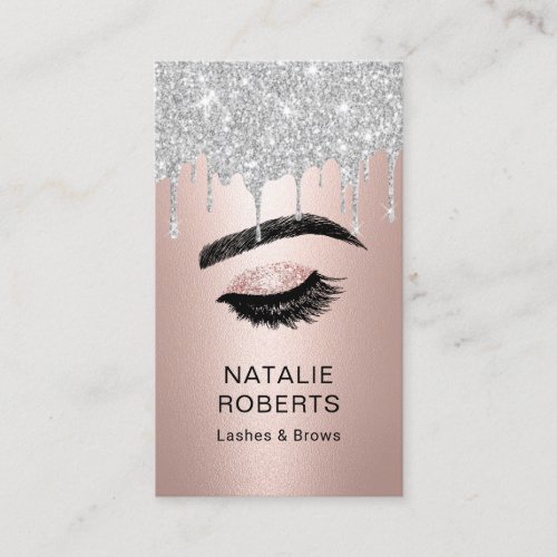 Lashes Brows Makeup Artist Silver Drips Rose Gold Business Card