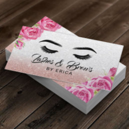 Lashes &amp; Brows Makeup Artist Silver Glitter Floral Business Card