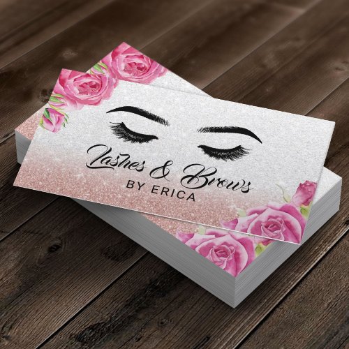 Lashes  Brows Makeup Artist Silver Glitter Floral Business Card