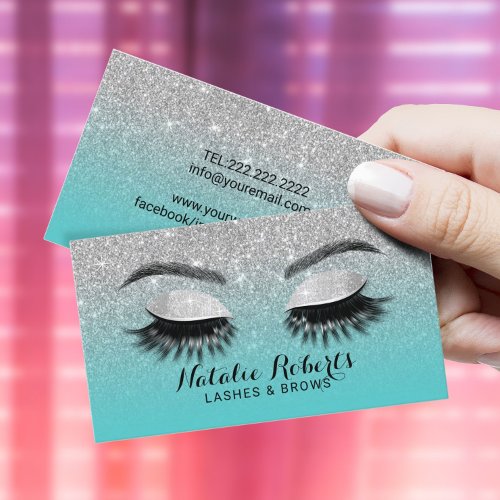 Lashes Brows Makeup Artist Teal  Silver Glitter Business Card
