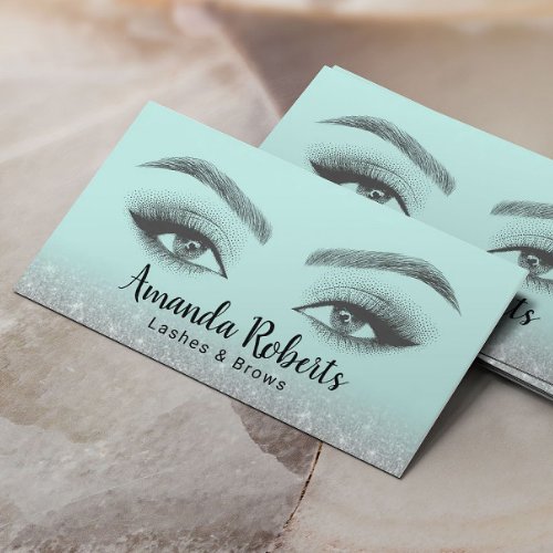 Lashes  Brows Microblading Mint  Silver Glitter Business Card