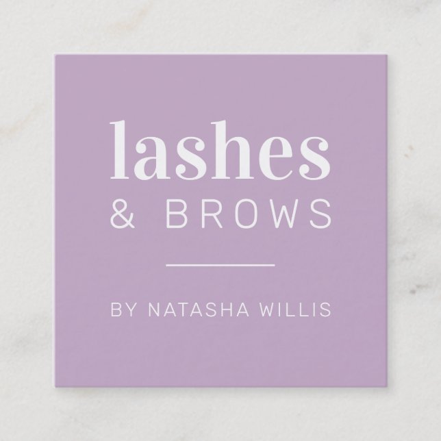 LASHES & BROWS modern minimalist purple black Square Business Card (Front)