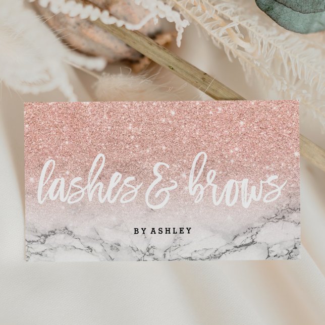 Lashes brows typography rose gold glitter marble business card