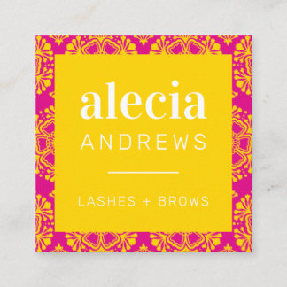 LASHES & BROWS vintage elegant yeloow bright pink Square Business Card