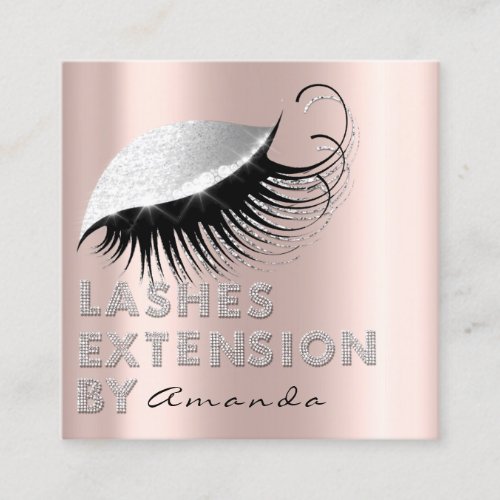 Lashes Extension By Diamond  Pink Rose Silver Square Business Card