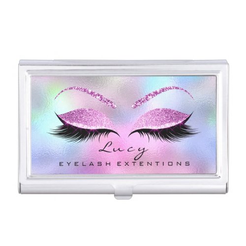 Lashes Extension Makeup Artist Glitter Pink Glass Business Card Case
