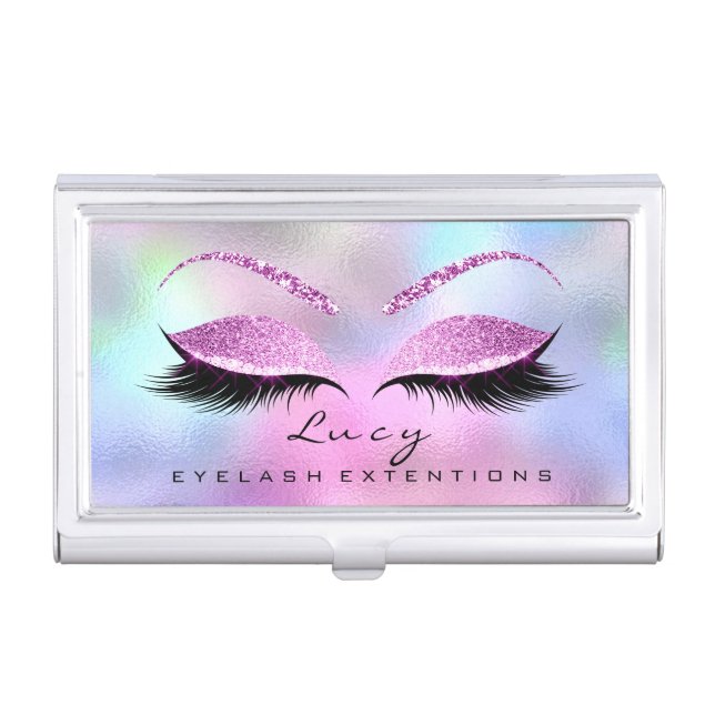 Lashes Extension Makeup Artist Glitter Pink Glass Business Card Case (Front)