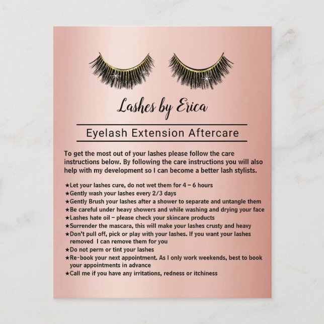 Lashes Eyelash Extension Salon Rose Gold Aftercare Flyer (Front)